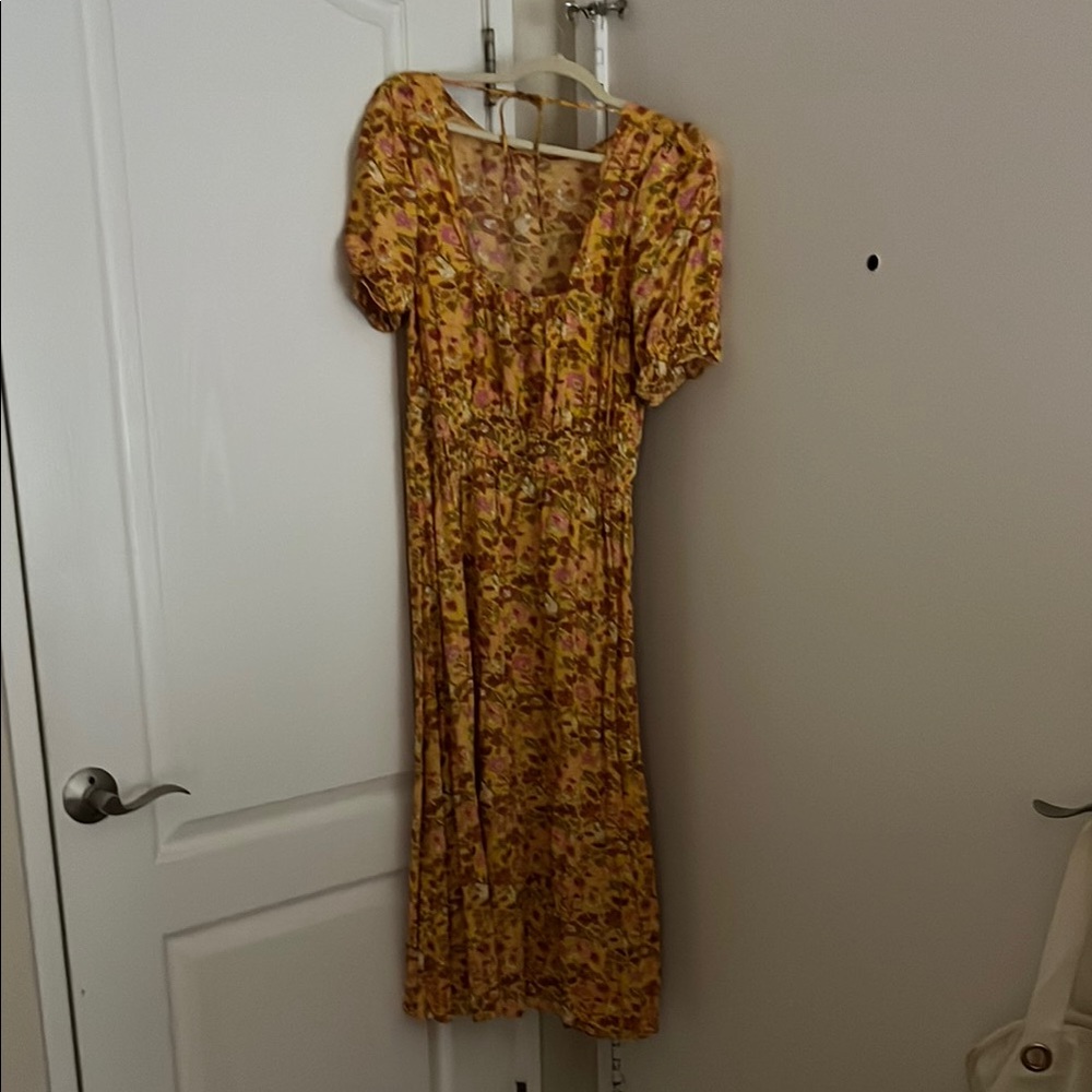 LOFT Yellow Gold Puff Sleeve Midi Dress